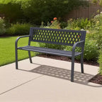 Dyonery iron frame bench is made of solid metal and features a geometric hollowed-out design, making it suitable for gardens, courtyards, and terraces