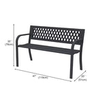 Le banc Dyonery en fer forgé est fabriqué en métal massif et présente un motif géométrique ajouré, le rendant adapté aux jardins, cours et terrasses.