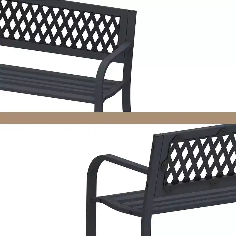 Le banc Dyonery en fer forgé est fabriqué en métal massif et présente un motif géométrique ajouré, le rendant adapté aux jardins, cours et terrasses.