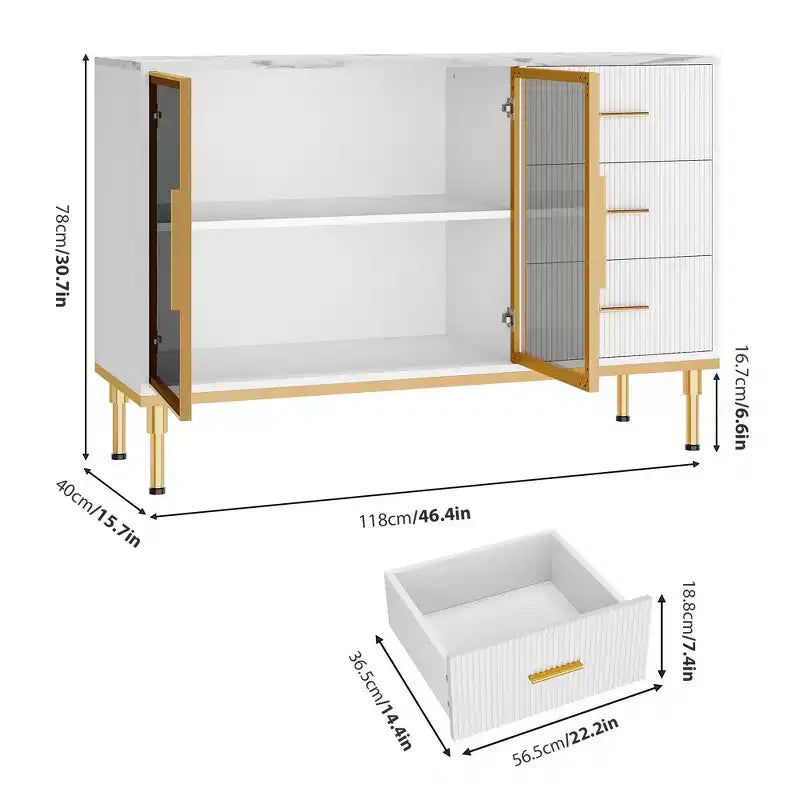 COZONY 46.4 Faux Marble Top Kitchen Cabinet with Glass Doors, Buffet Sideboard with Storage, Drawers & Adjustable Shelves for Dining Room