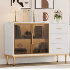 COZONY 46.4 Faux Marble Top Kitchen Cabinet with Glass Doors, Buffet Sideboard with Storage, Drawers & Adjustable Shelves for Dining Room
