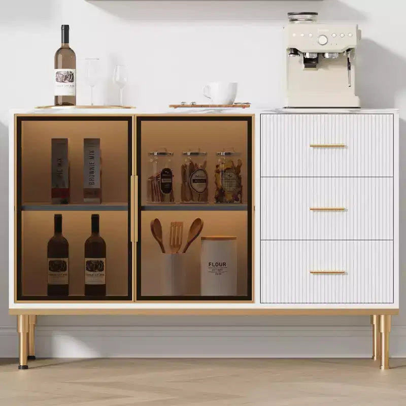COZONY 46.4 Faux Marble Top Kitchen Cabinet with Glass Doors, Buffet Sideboard with Storage, Drawers & Adjustable Shelves for Dining Room