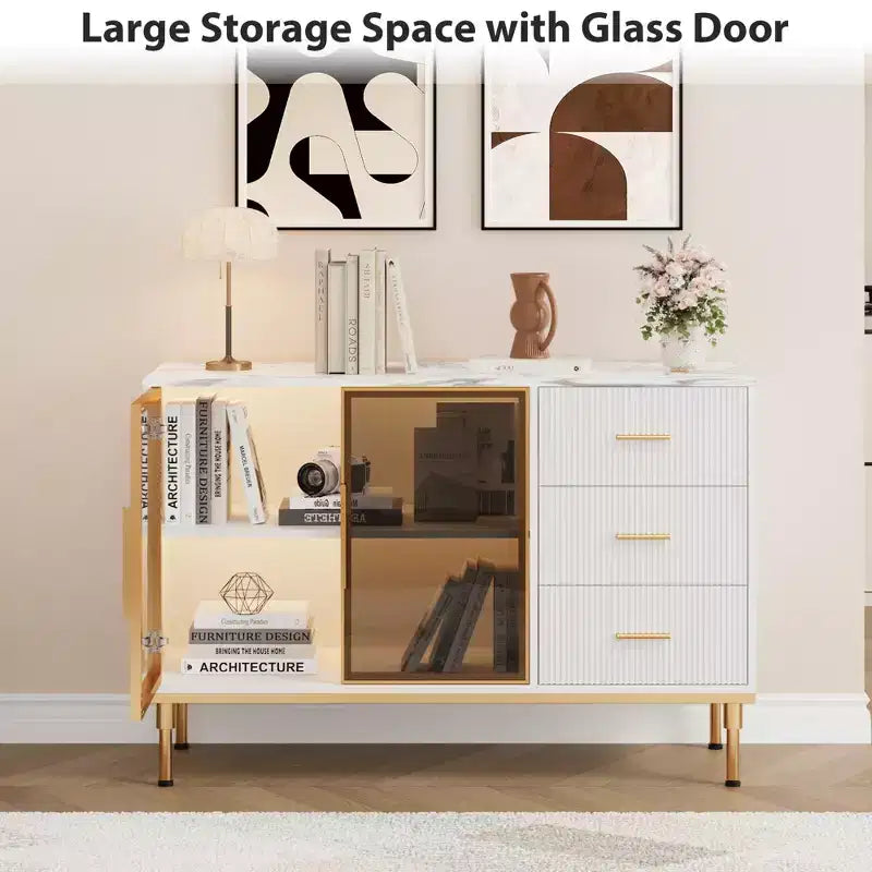 COZONY 46.4 Faux Marble Top Kitchen Cabinet with Glass Doors, Buffet Sideboard with Storage, Drawers & Adjustable Shelves for Dining Room