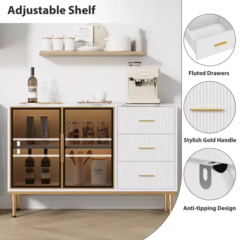 COZONY 46.4 Faux Marble Top Kitchen Cabinet with Glass Doors, Buffet Sideboard with Storage, Drawers & Adjustable Shelves for Dining Room