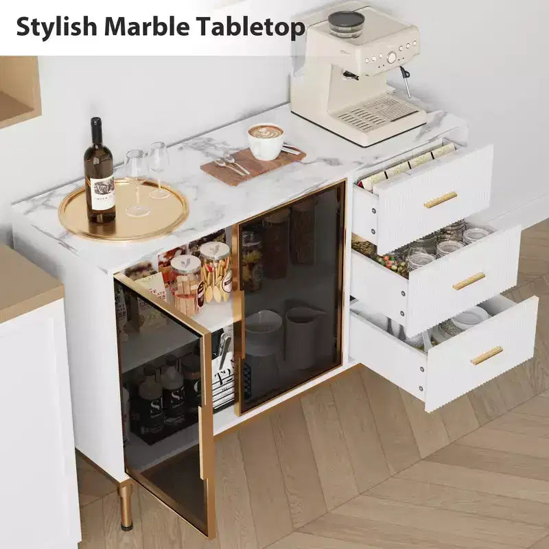 COZONY 46.4 Faux Marble Top Kitchen Cabinet with Glass Doors, Buffet Sideboard with Storage, Drawers & Adjustable Shelves for Dining Room
