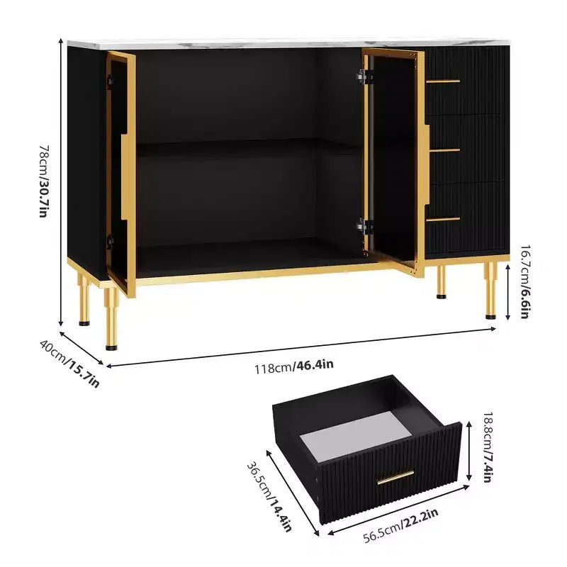 COZONY 46.4 Faux Marble Top Kitchen Cabinet with Glass Doors, Buffet Sideboard with Storage, Drawers & Adjustable Shelves for Dining Room