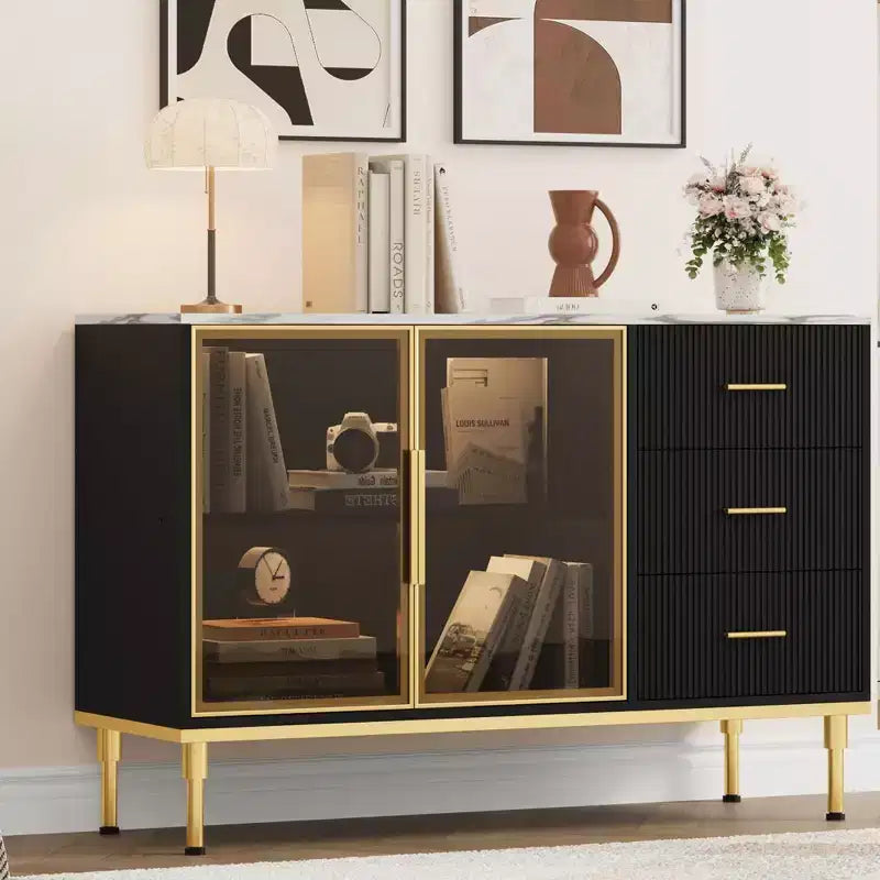 COZONY 46.4 Faux Marble Top Kitchen Cabinet with Glass Doors, Buffet Sideboard with Storage, Drawers & Adjustable Shelves for Dining Room
