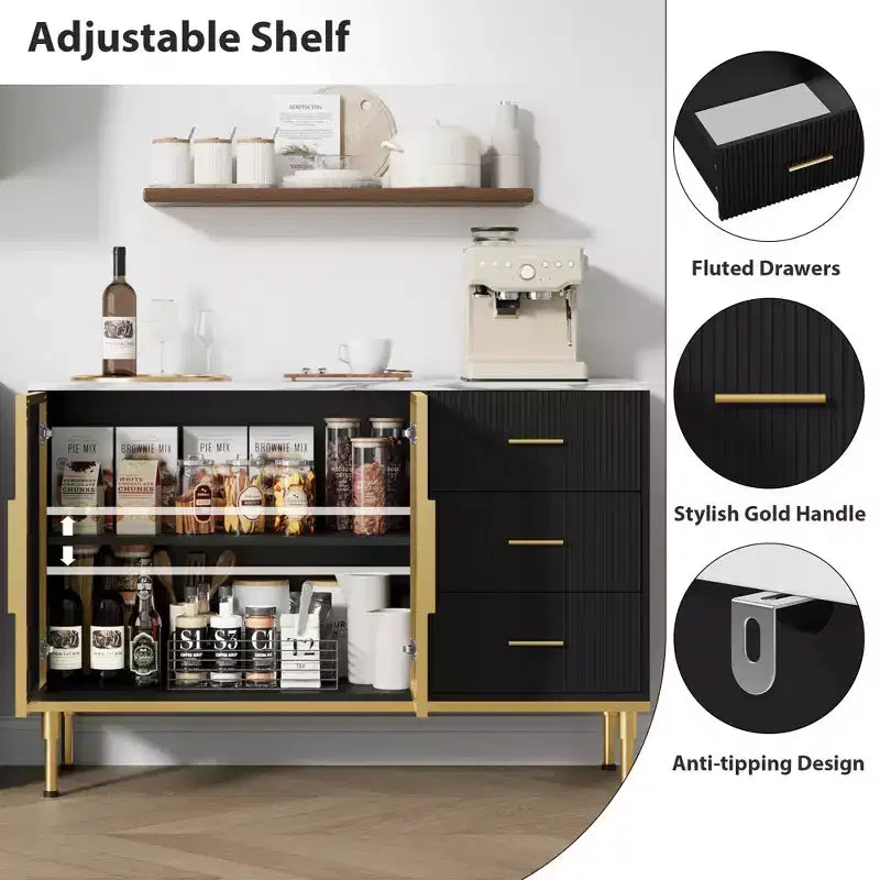 COZONY 46.4 Faux Marble Top Kitchen Cabinet with Glass Doors, Buffet Sideboard with Storage, Drawers & Adjustable Shelves for Dining Room