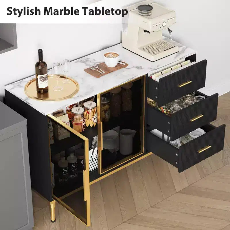 COZONY 46.4 Faux Marble Top Kitchen Cabinet with Glass Doors, Buffet Sideboard with Storage, Drawers & Adjustable Shelves for Dining Room