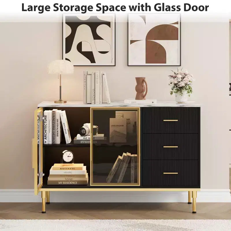 COZONY 46.4 Faux Marble Top Kitchen Cabinet with Glass Doors, Buffet Sideboard with Storage, Drawers & Adjustable Shelves for Dining Room