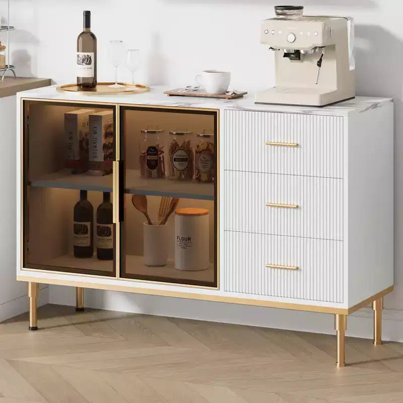 COZONY 46.4 Faux Marble Top Kitchen Cabinet with Glass Doors, Buffet Sideboard with Storage, Drawers & Adjustable Shelves for Dining Room