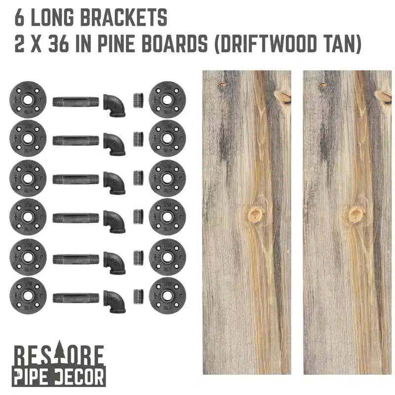 RESTORE Driftwood Tan 36 in. Shelves with L-Shaped Brackets by Pipe Decor
