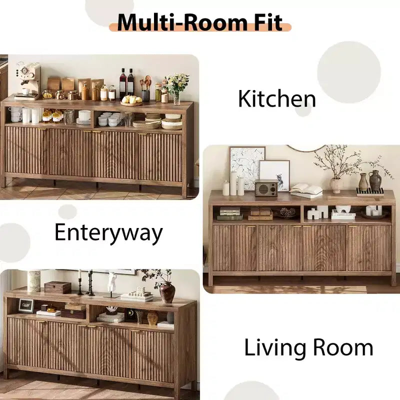 Fluted Sideboard Cabinet 65.8 Inch, 4-Door Buffet with Storage for Dining Room