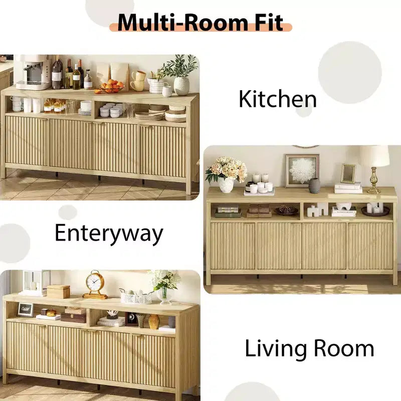 Fluted Sideboard Cabinet 65.8 Inch, 4-Door Buffet with Storage for Dining Room