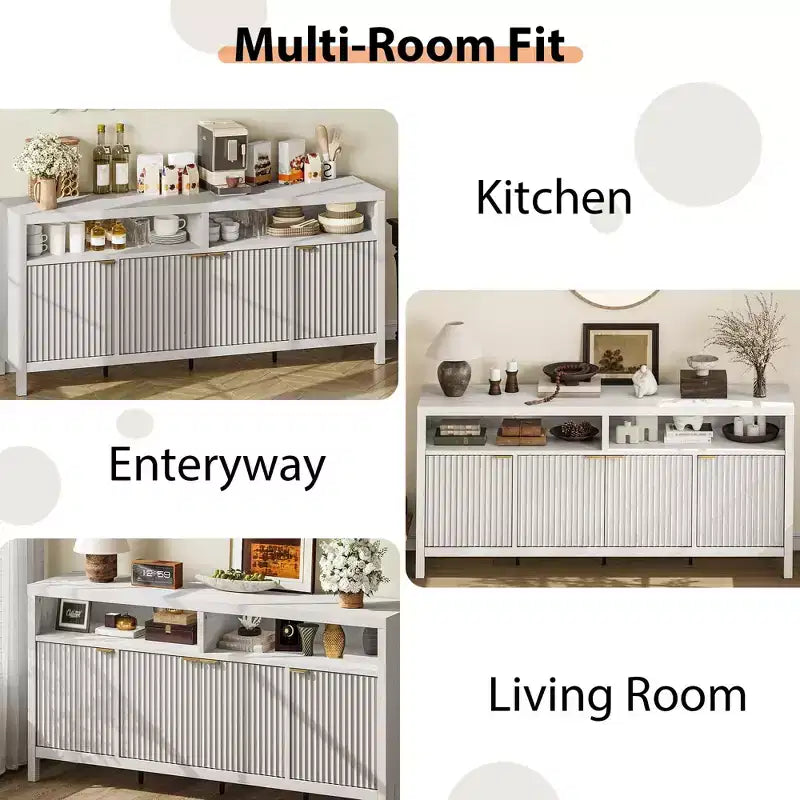 Fluted Sideboard Cabinet 65.8 Inch, 4-Door Buffet with Storage for Dining Room