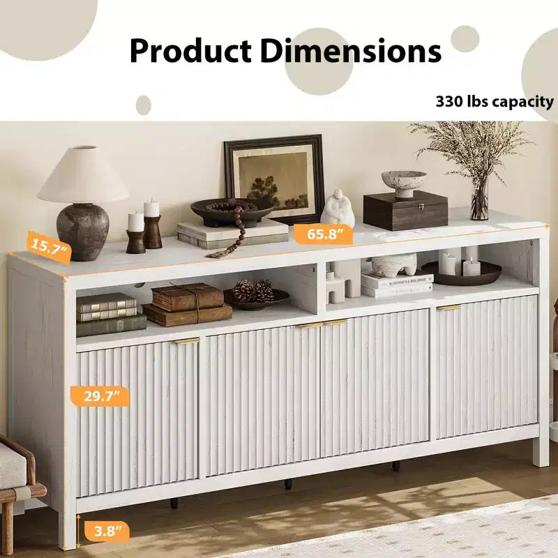 Fluted Sideboard Cabinet 65.8 Inch, 4-Door Buffet with Storage for Dining Room