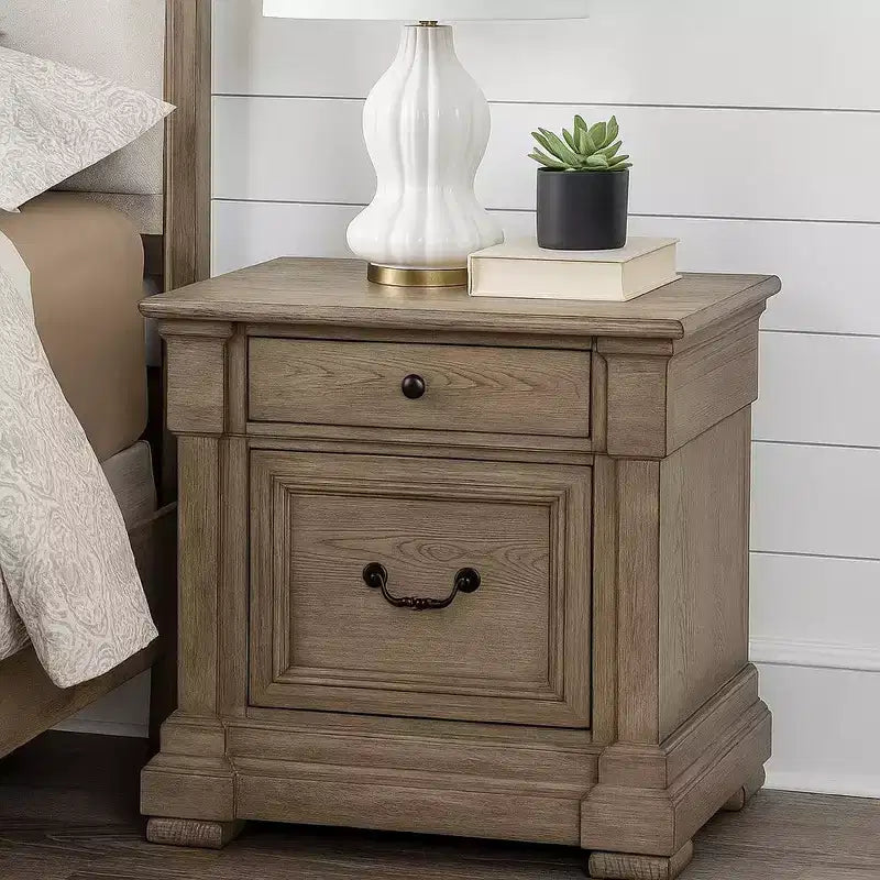 Table de chevet Royal Hampton, 2 tiroirs, bois massif gris vieilli, 71 cm