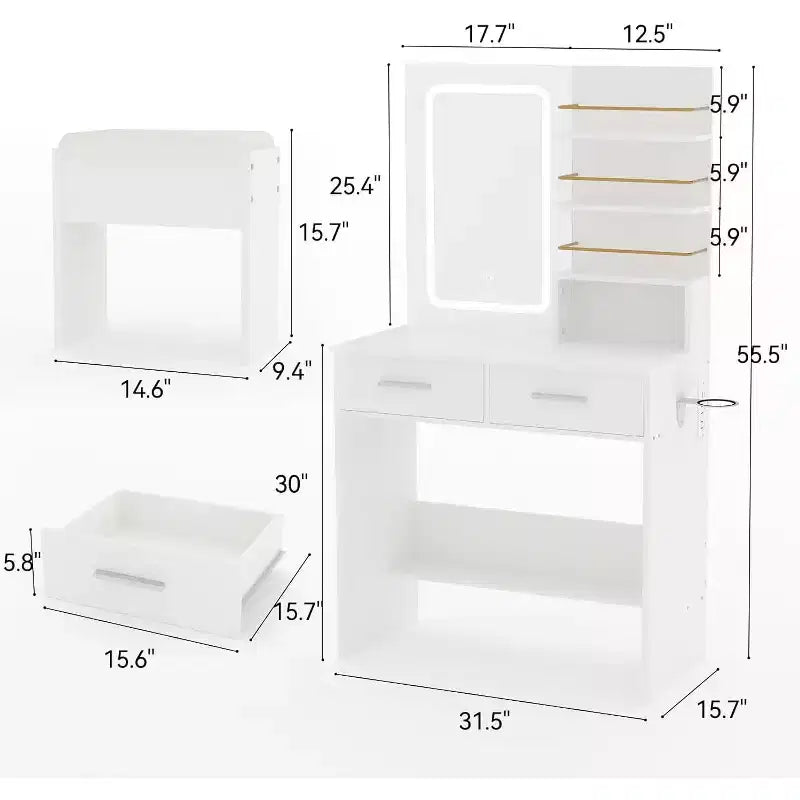 Coiffeuse avec miroir et lumières, table de maquillage avec tiroirs et étagères, meuble de rangement et tabouret rembourré, pour chambre à coucher