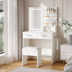 Coiffeuse avec miroir et lumières, table de maquillage avec tiroirs et étagères, meuble de rangement et tabouret rembourré, pour chambre à coucher