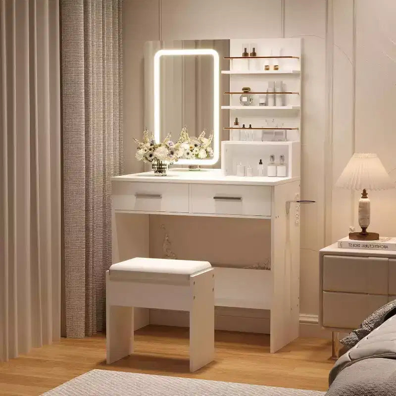 Coiffeuse avec miroir et lumières, table de maquillage avec tiroirs et étagères, meuble de rangement et tabouret rembourré, pour chambre à coucher
