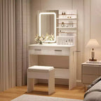 Coiffeuse avec miroir et lumières, table de maquillage avec tiroirs et étagères, meuble de rangement et tabouret rembourré, pour chambre à coucher