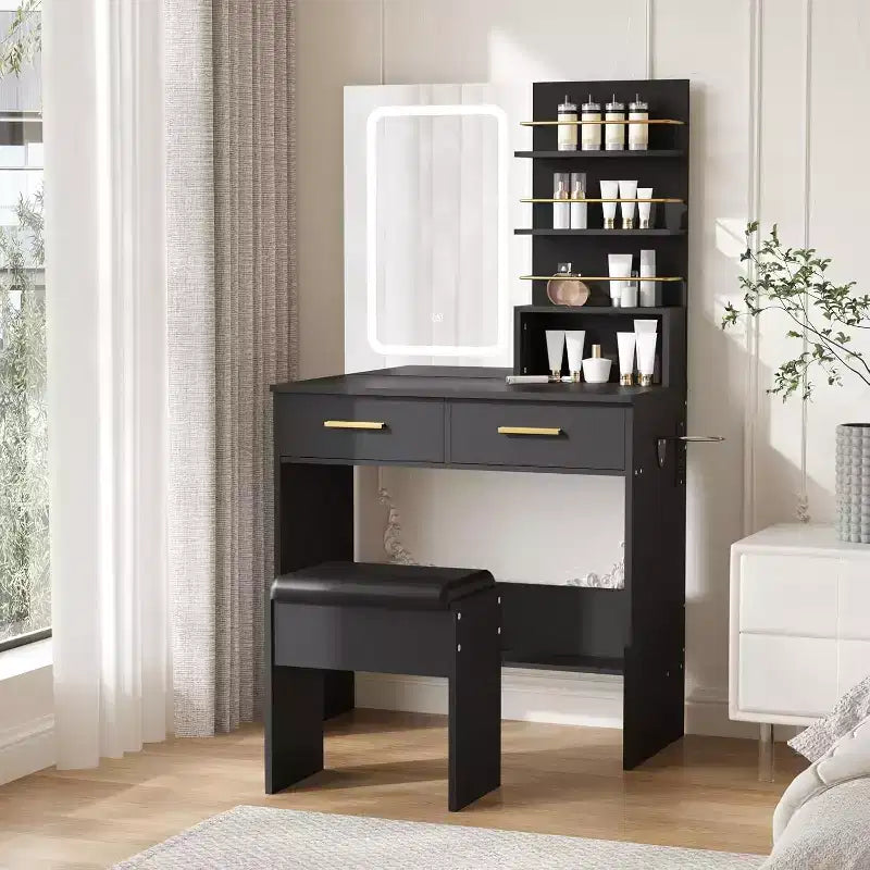 Coiffeuse avec miroir et lumières, table de maquillage avec tiroirs et étagères, meuble de rangement et tabouret rembourré, pour chambre à coucher