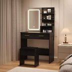 Coiffeuse avec miroir et lumières, table de maquillage avec tiroirs et étagères, meuble de rangement et tabouret rembourré, pour chambre à coucher
