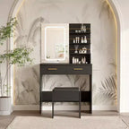 Vanity Desk with Mirror and Lights, Makeup Vanity Table with Drawers and Shelves, Cabinet and Cushioned Stool, for Bedroom