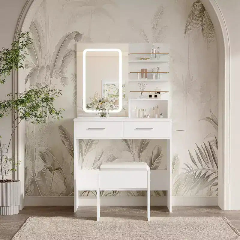 Coiffeuse avec miroir et lumières, table de maquillage avec tiroirs et étagères, meuble de rangement et tabouret rembourré, pour chambre à coucher
