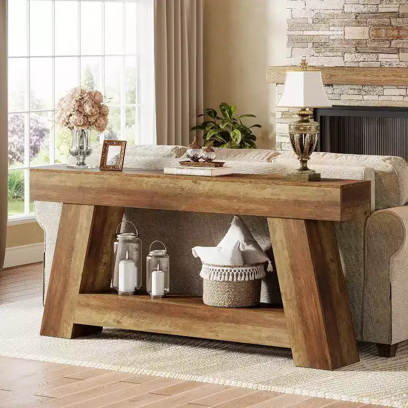 Lantine 70.9 Table console longue, table de canapé en bois à 2 niveaux derrière le canapé avec étagère de rangement ouverte pour entrée, couloir, salon