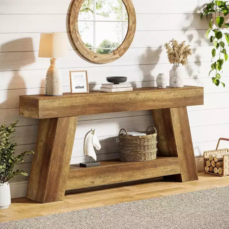 Lantine 70.9 Table console longue, table de canapé en bois à 2 niveaux derrière le canapé avec étagère de rangement ouverte pour entrée, couloir, salon