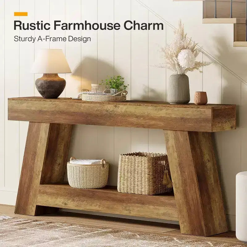 Lantine 70.9 Table console longue, table de canapé en bois à 2 niveaux derrière le canapé avec étagère de rangement ouverte pour entrée, couloir, salon