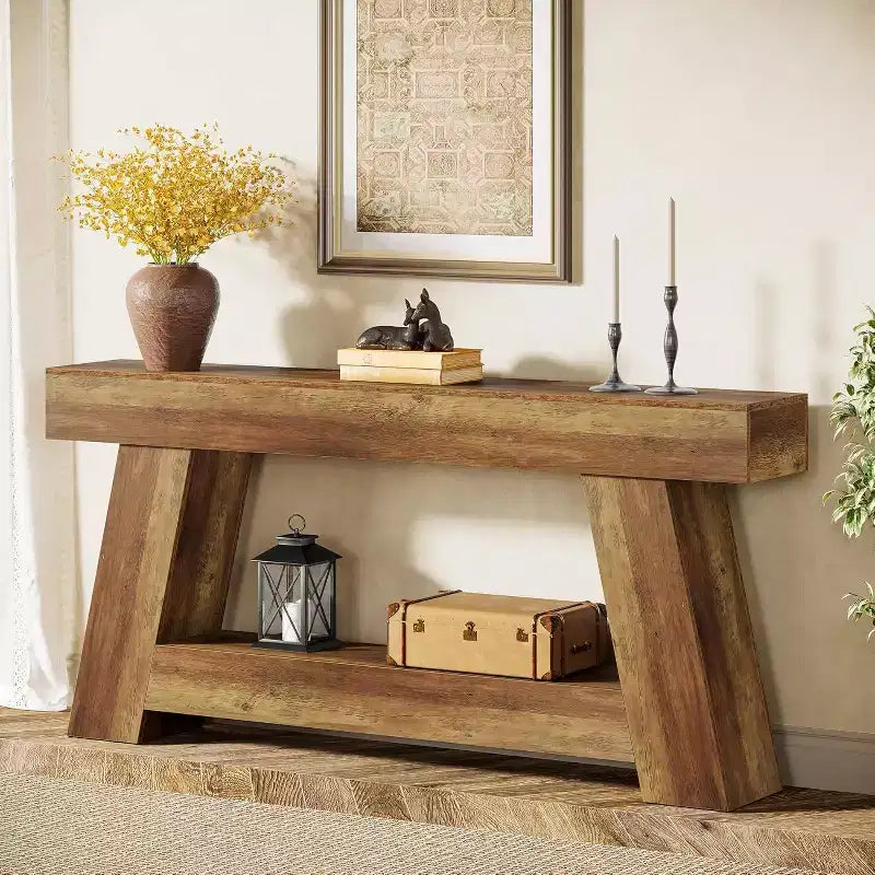 Lantine 70.9 Table console longue, table de canapé en bois à 2 niveaux derrière le canapé avec étagère de rangement ouverte pour entrée, couloir, salon