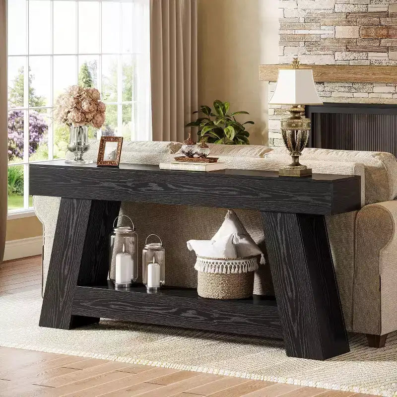 Lantine 70.9 Table console longue, table de canapé en bois à 2 niveaux derrière le canapé avec étagère de rangement ouverte pour entrée, couloir, salon