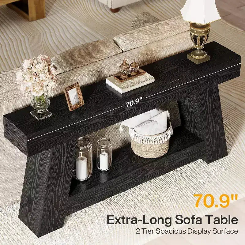 Lantine 70.9 Table console longue, table de canapé en bois à 2 niveaux derrière le canapé avec étagère de rangement ouverte pour entrée, couloir, salon