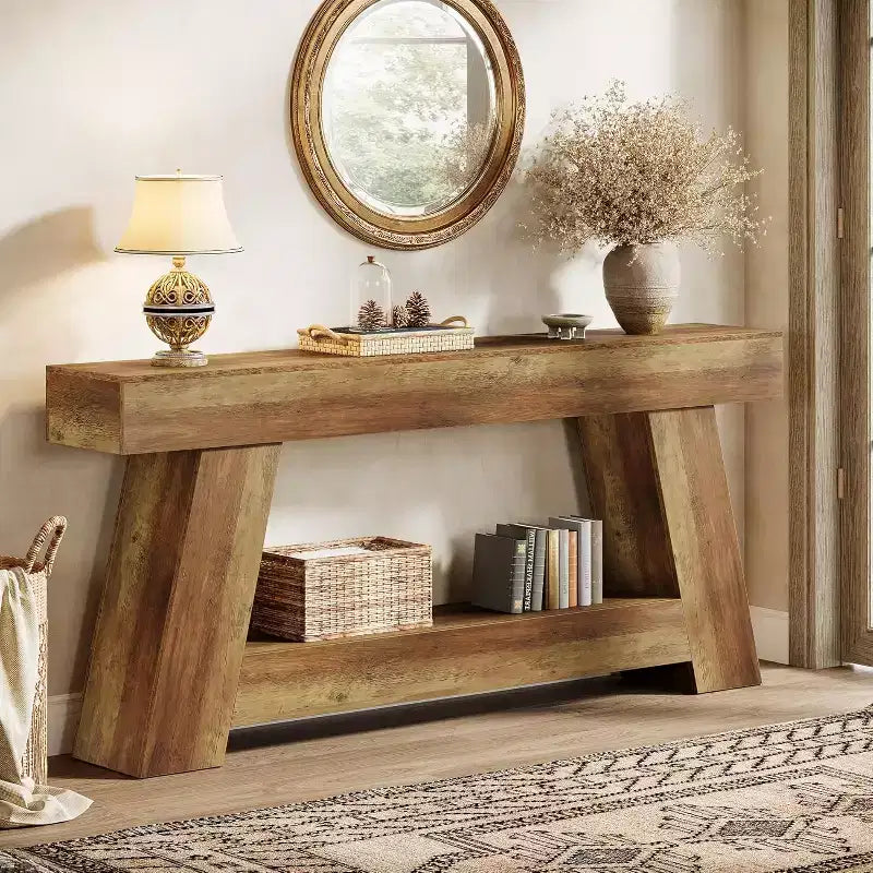Lantine 70.9 Table console longue, table de canapé en bois à 2 niveaux derrière le canapé avec étagère de rangement ouverte pour entrée, couloir, salon