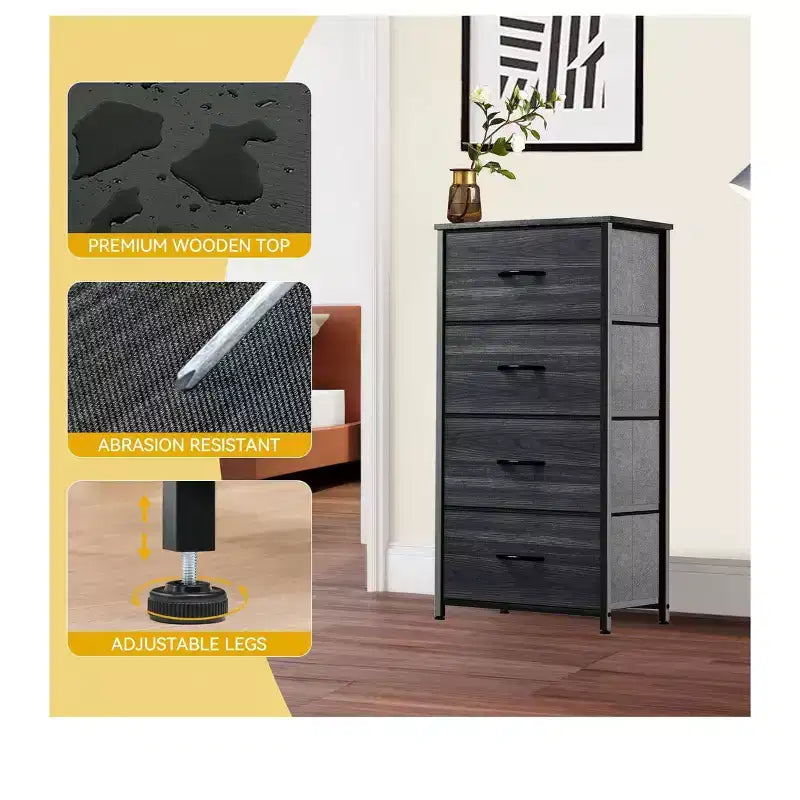 Dresser with 4 Drawers ,Fabric Storage Tower, Organizer Unit for Living Room, Hallway, Closets,Sturdy Steel Frame, Wooden Top