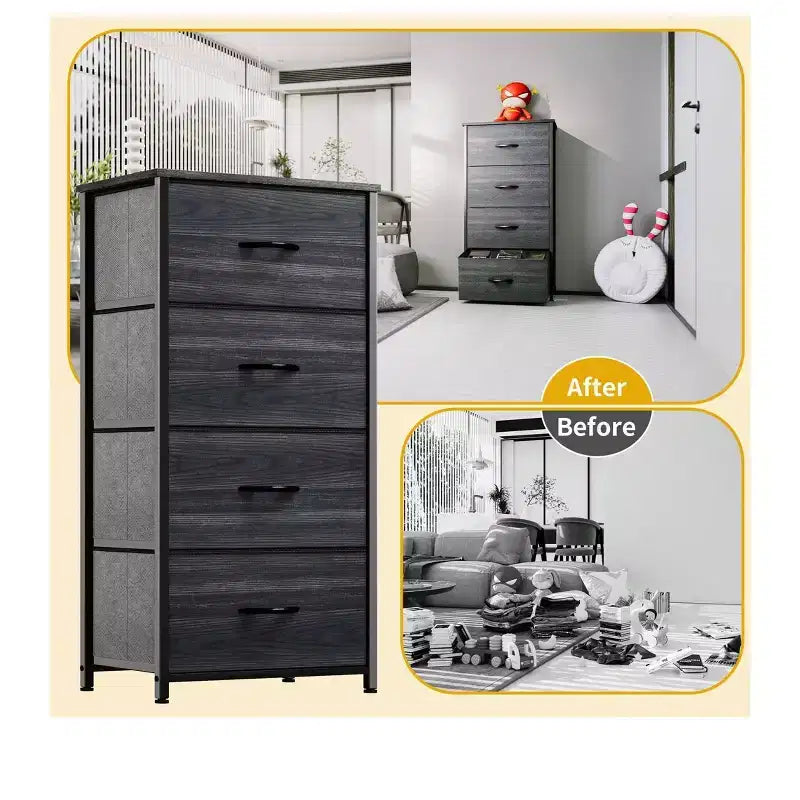 Dresser with 4 Drawers ,Fabric Storage Tower, Organizer Unit for Living Room, Hallway, Closets,Sturdy Steel Frame, Wooden Top