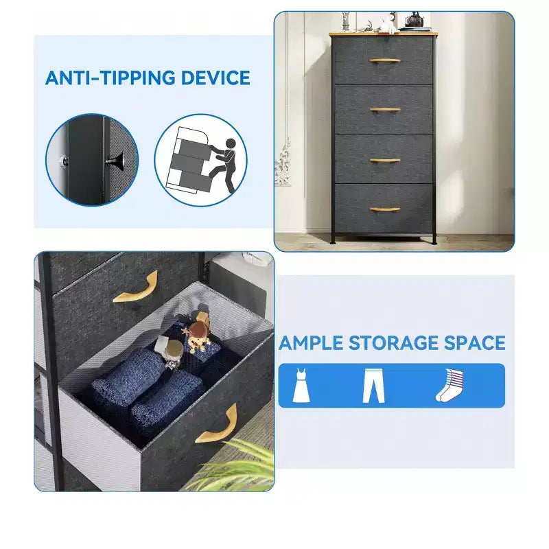 Dresser with 4 Drawers ,Fabric Storage Tower, Organizer Unit for Living Room, Hallway, Closets,Sturdy Steel Frame, Wooden Top