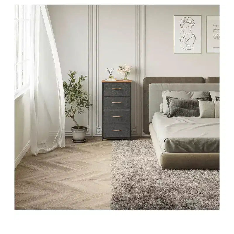 Dresser with 4 Drawers ,Fabric Storage Tower, Organizer Unit for Living Room, Hallway, Closets,Sturdy Steel Frame, Wooden Top