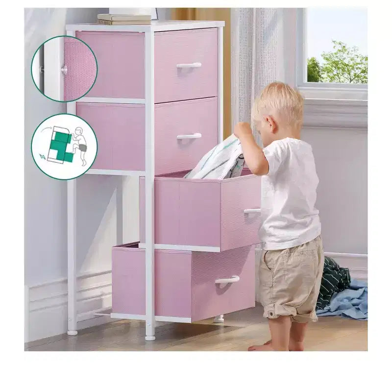 Dresser with 4 Drawers ,Fabric Storage Tower, Organizer Unit for Living Room, Hallway, Closets,Sturdy Steel Frame, Wooden Top