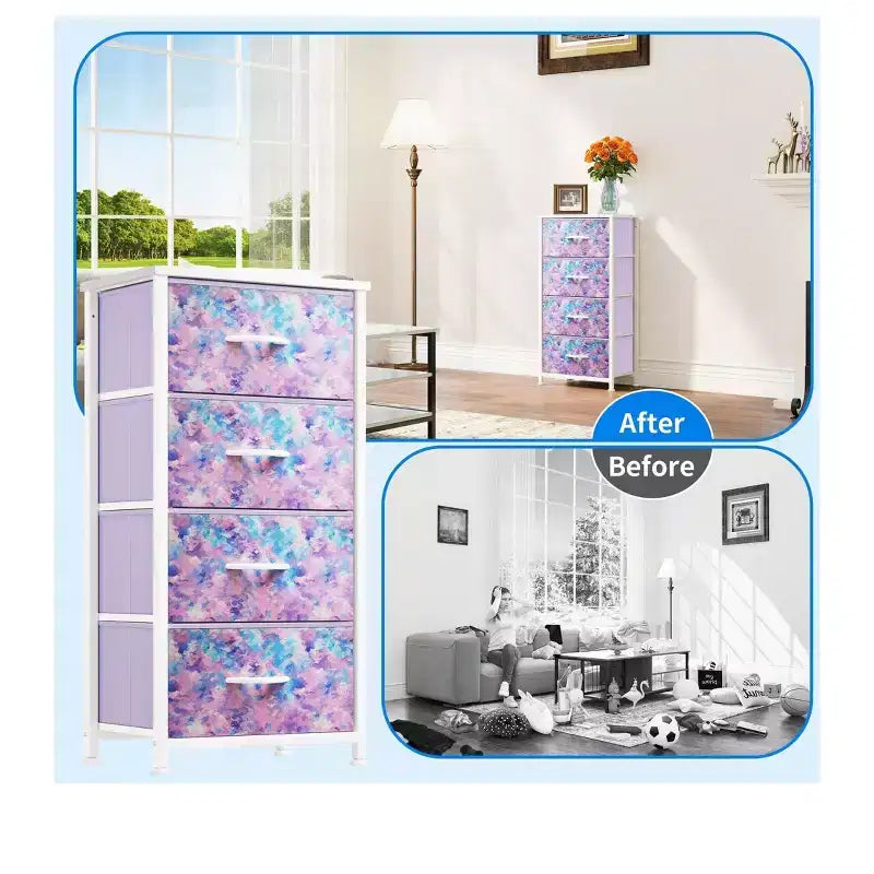 Dresser with 4 Drawers ,Fabric Storage Tower, Organizer Unit for Living Room, Hallway, Closets,Sturdy Steel Frame, Wooden Top