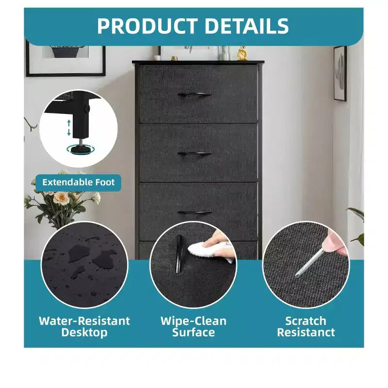 Dresser with 4 Drawers ,Fabric Storage Tower, Organizer Unit for Living Room, Hallway, Closets,Sturdy Steel Frame, Wooden Top