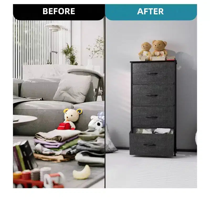 Dresser with 4 Drawers ,Fabric Storage Tower, Organizer Unit for Living Room, Hallway, Closets,Sturdy Steel Frame, Wooden Top
