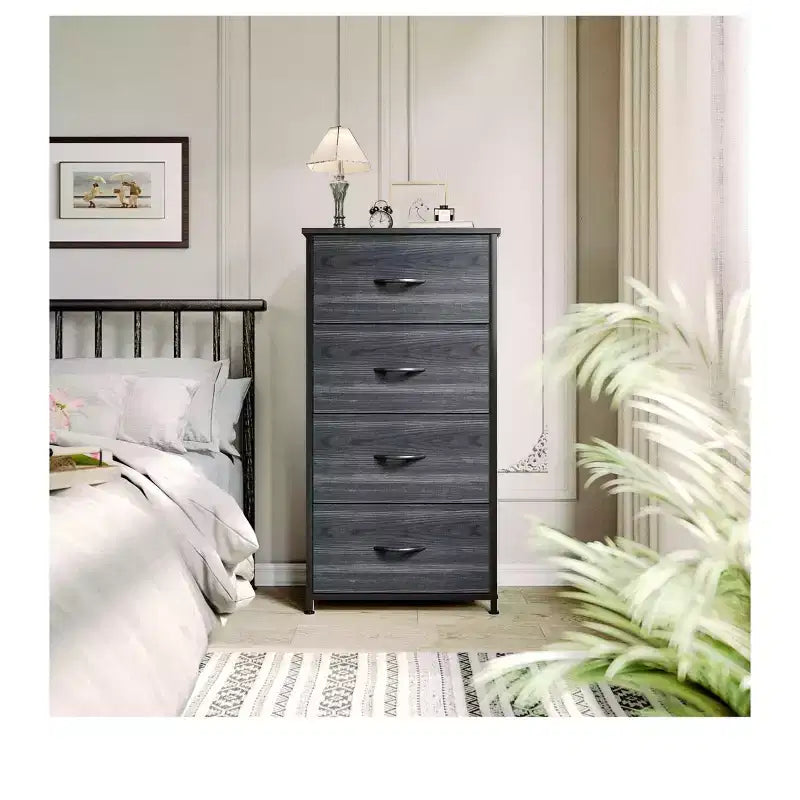 Dresser with 4 Drawers ,Fabric Storage Tower, Organizer Unit for Living Room, Hallway, Closets,Sturdy Steel Frame, Wooden Top