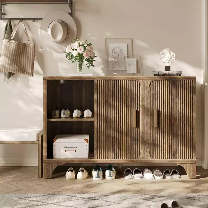 SUGIFT Modern Storage Cabinet with Adjustable Shelves, Durable Wood Frame, Raised Base and Multi-Purpose Home Organization