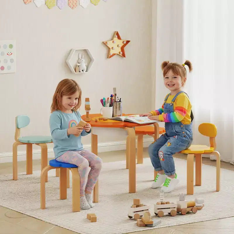 Qaba 5 Piece Kids Table and Chairs Set, Flower-Shaped Toddler Table and Chair Set with Built-in Storage, for Drawing Reading Art Craft Activity