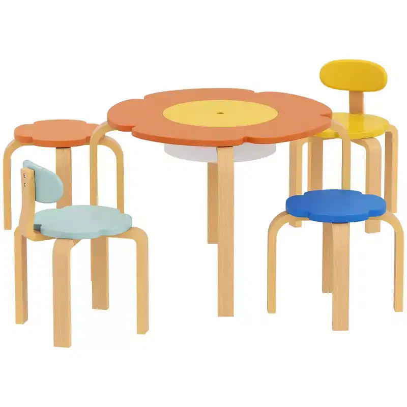 Qaba 5 Piece Kids Table and Chairs Set, Flower-Shaped Toddler Table and Chair Set with Built-in Storage, for Drawing Reading Art Craft Activity