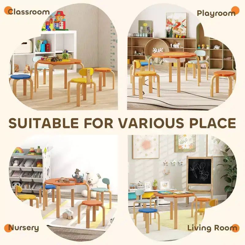 Qaba 5 Piece Kids Table and Chairs Set, Flower-Shaped Toddler Table and Chair Set with Built-in Storage, for Drawing Reading Art Craft Activity
