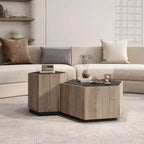 Retro Wood Coffee Table, Hexagonal Textured Black Warm Oak Corner Table with Drawer Storage Wood Center Circle Accent Table for Living Room, Bedroom